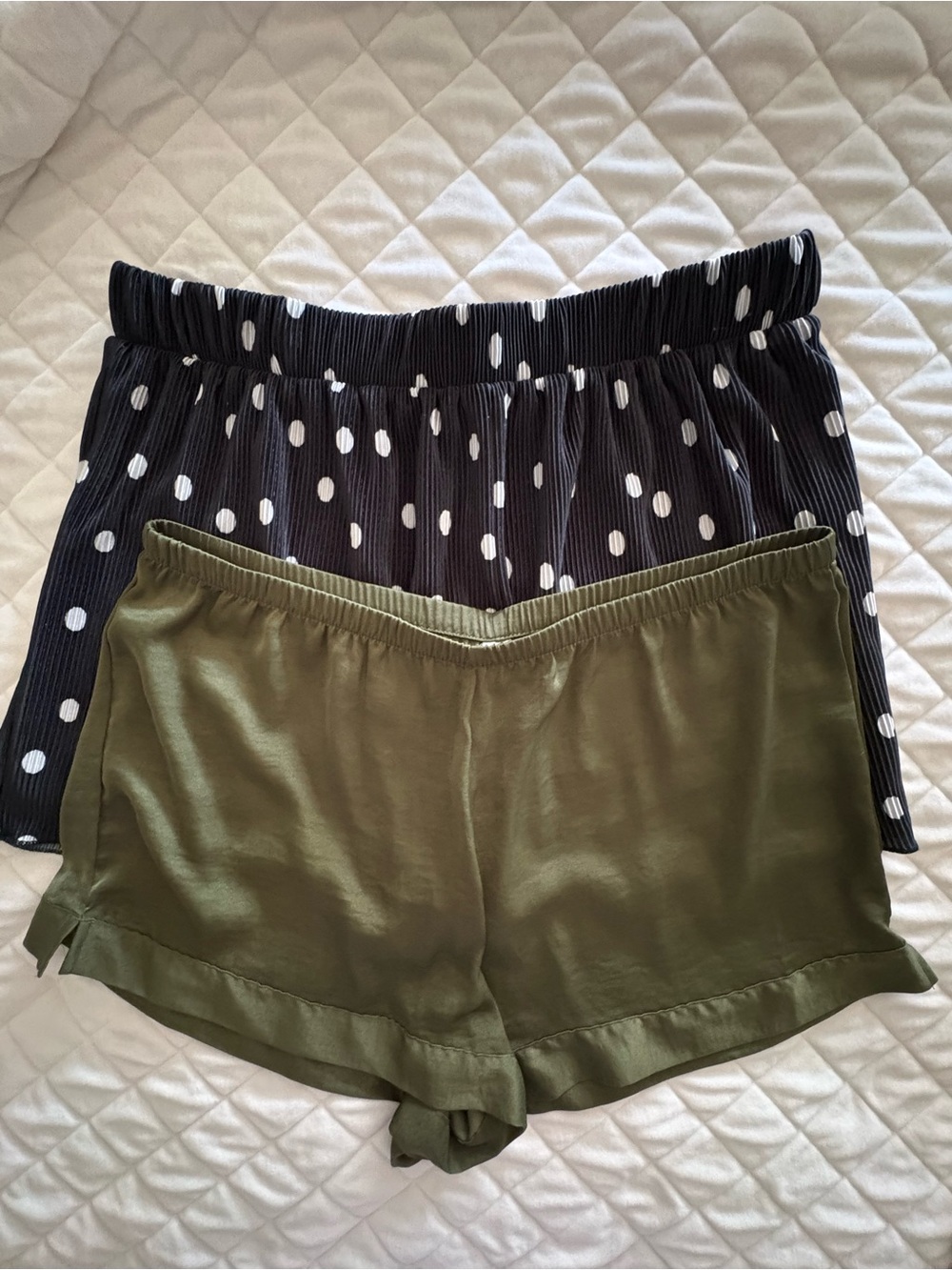 Olive Green and Polka Dot Satin Sleep Shorts